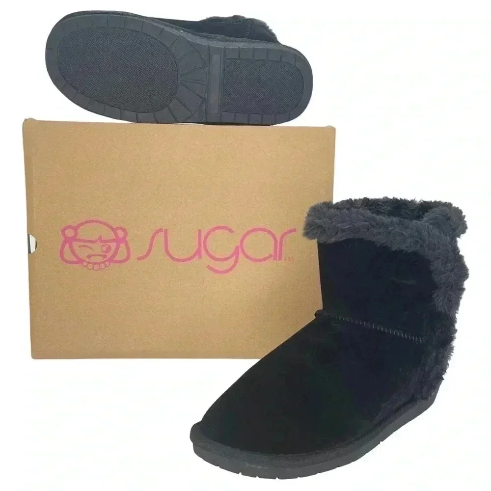Sugar Polly Black Velvet Faux Fur Trim Womens Ankle Boots Size 6M